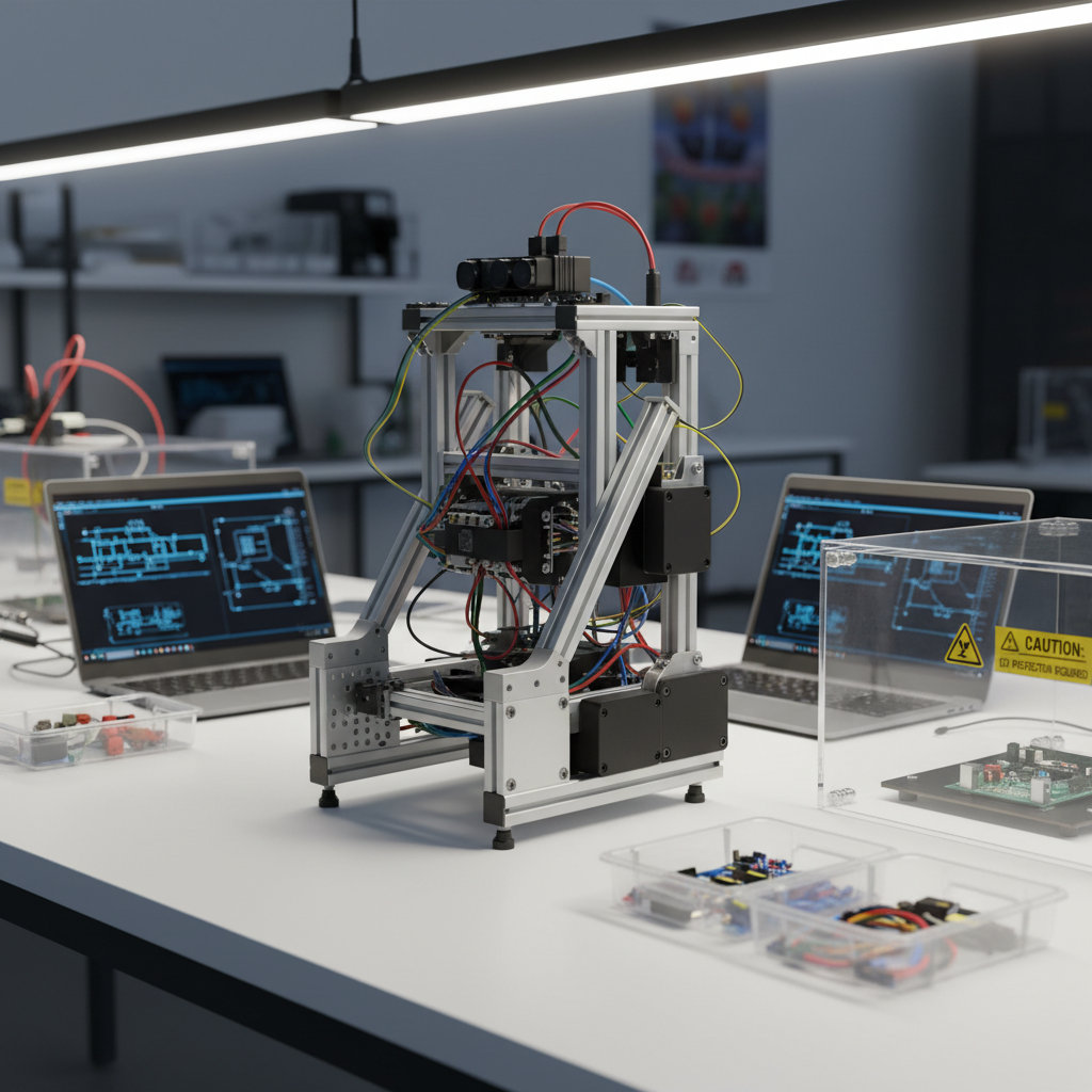 A meticulously assembled mid-sized educational robot on a clean white workbench, its brushed aluminum frame, matte black sensor housings, and neatly color-coded wiring clearly visible. Around it lie open laptops displaying schematic diagrams, small sorted bins of components, and a transparent acrylic enclosure with safety labels. Cool, diffused studio lighting from above and slightly behind creates soft reflections on metal surfaces and crisp shadows beneath the chassis. Shot at eye level with a slightly wide lens, the composition follows the rule of thirds, keeping the robot as the clear focal point while the background softly blurs. The mood is professional, focused, and exploratory, emphasizing serious robotics education in a photographic realism, clean and modern style.
