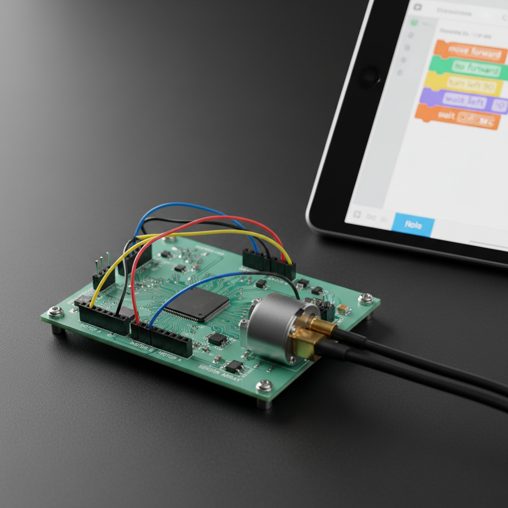 A close-up instructional scene of an open robotics control board mounted on a matte black anti-static mat, showing carefully labeled connectors, neatly routed jumper wires, and a compact brushless motor connected via bullet connectors. A tablet propped nearby displays a clear block-based programming interface controlling the board. Soft studio lighting from one side creates gentle highlights on the solder joints and microcontroller package, while a secondary, dimmer fill light prevents harsh shadows. Shot from a slightly elevated macro perspective with shallow depth of field, the central PCB and motor are razor sharp while the tablet interface remains legible but subtly blurred. The mood is precise, educational, and approachable, with photographic realism emphasizing clarity of components and the connection between hardware and software learning.