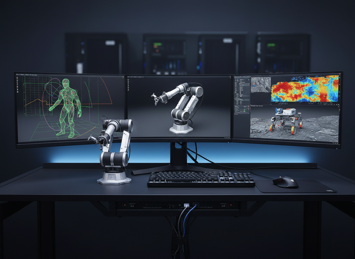 An immersive robotics simulation control center featuring three ultra-wide monitors on a matte black desk, each displaying different realistic 3D robot models, trajectory plots, and sensor heatmaps. A compact desktop robot sits in front of the screens, its articulated joints aligned with the virtual model on the center display. Cool, indirect LED strip lighting runs along the back edge of the desk, casting a subtle blue glow that separates the equipment from a softly darkened background. Shot from a slightly elevated angle, the composition emphasizes the interplay between physical and virtual robotics. Fine details like keyboard legends, textured mouse surface, and cable routing are visible. The mood is analytical and forward-looking, with a polished, high-tech photographic style suitable for advanced robotics education.