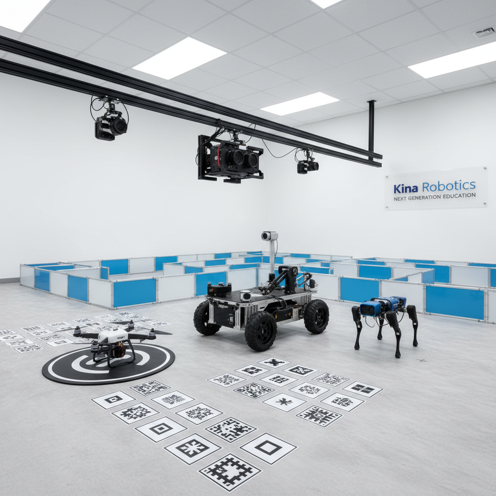 A sophisticated multi-robot education environment featuring three distinct robots: a wheeled differential drive platform, a small quadruped, and a compact drone resting on a landing pad, all arranged on a large, light-gray test surface. Surrounding them are printed fiducial markers, a low maze of modular walls, and an overhead camera rig on a rail system. Bright, evenly distributed lab lighting ensures every texture—from carbon fiber propellers to 3D-printed brackets—is crisply rendered. Captured from a slightly elevated corner angle, the composition showcases depth and spatial relationships between robots and environment. The mood is ambitious and research-oriented yet structured for learning, presented in clean, modern photographic realism to convey the breadth of robotics systems students can explore at Kina Robotics.