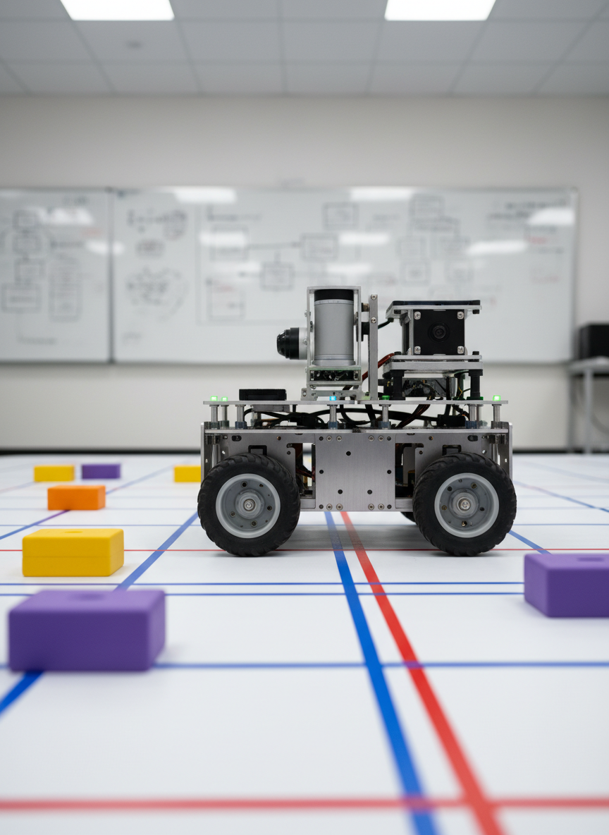A modular mobile robot platform in mid-experiment on a pristine white floor test area, surrounded by clearly marked grid lines and colorful obstacle blocks. The robot’s textured rubber wheels, laser-cut aluminum chassis plates, and stackable sensor modules are captured in exquisite detail, including tiny status LEDs glowing green and blue. Overhead diffused lighting creates minimal shadows, making the environment feel controlled and laboratory-precise. Photographed from a low-angle side view to emphasize the robot’s form factor and ground interaction, with sharp focus on the robot and a gradual blur toward the far walls where whiteboards filled with faint diagrams are visible. The mood is methodical, experimental, and hands-on, rendered in clean, realistic photography that reflects structured robotics learning and practical testing.
