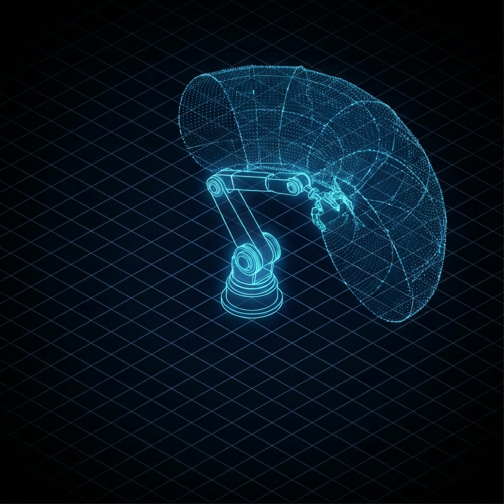 3-LINK ARM WORKSPACE ISOMETRIC VIEW showing a robotic arm and its reach on a grid.